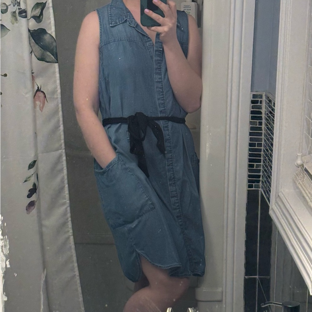 Denim Sleeveless Dress with Black Belt